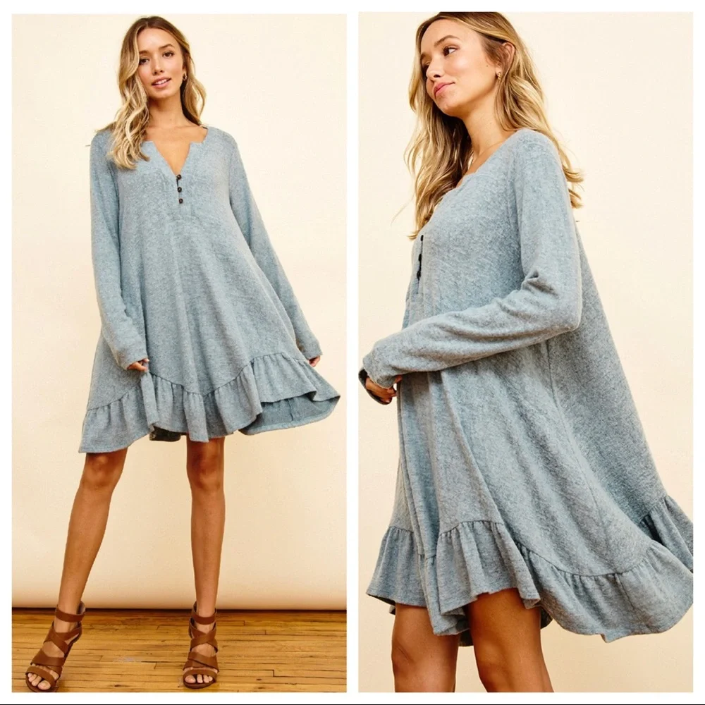 So Soft Cozy And Comfy Ruffle Hem Solid Tunic Dress - Picture 1 of 5